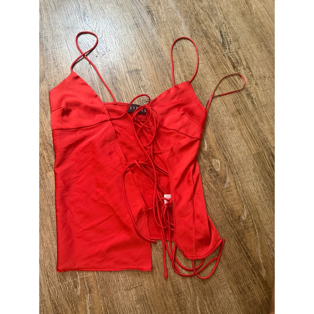 Lioness Red Satin Lace Up Front Cami Top XS Red Cropped Spaghetti Strap